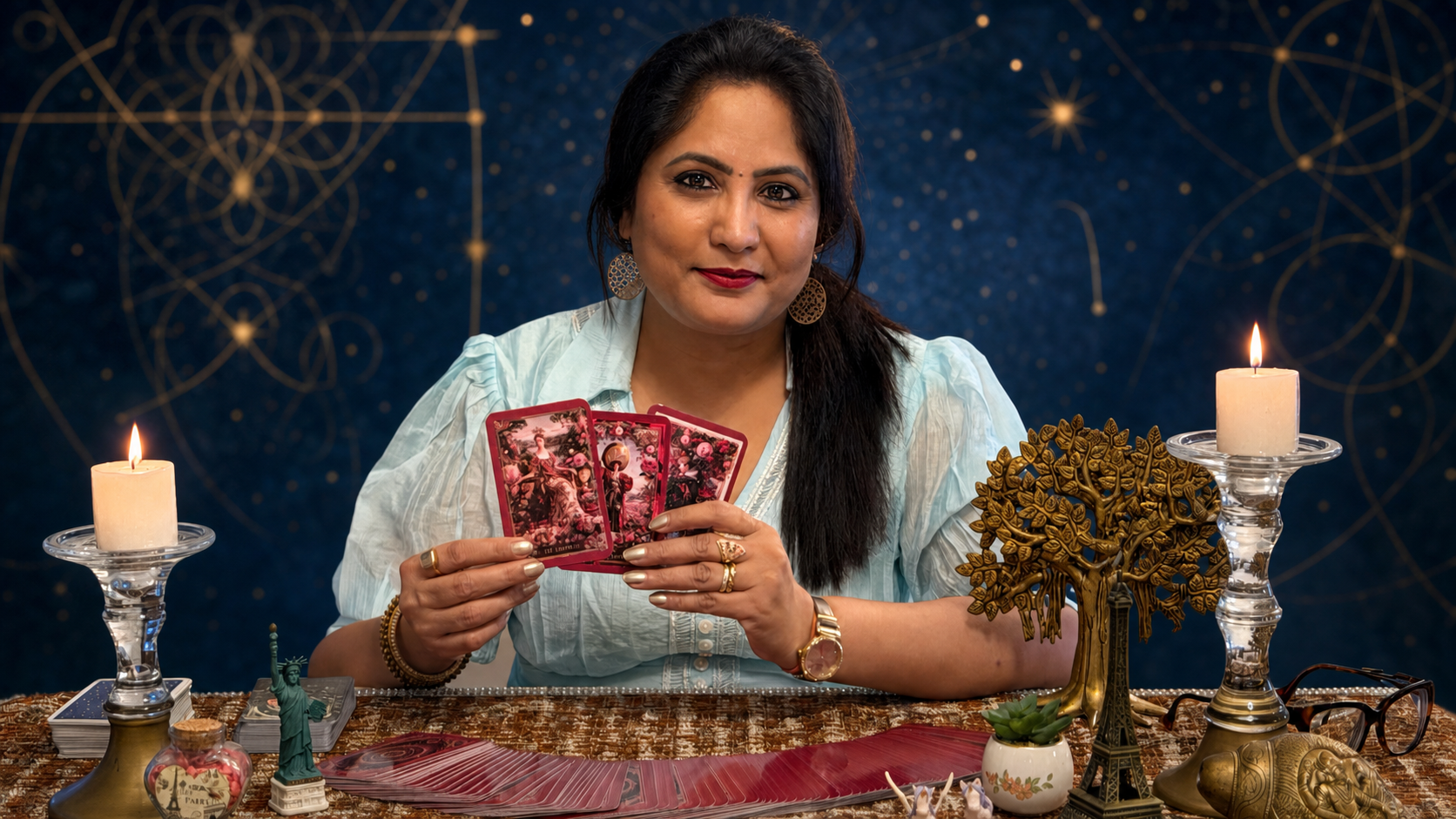 Neeru Aggarwal holding Tarot cards