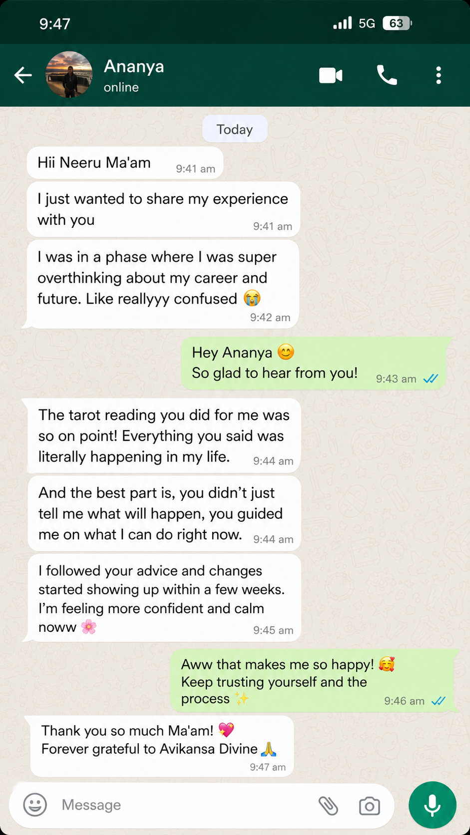 WhatsApp testimonial from Ananya about feeling more confident and calm after guidance