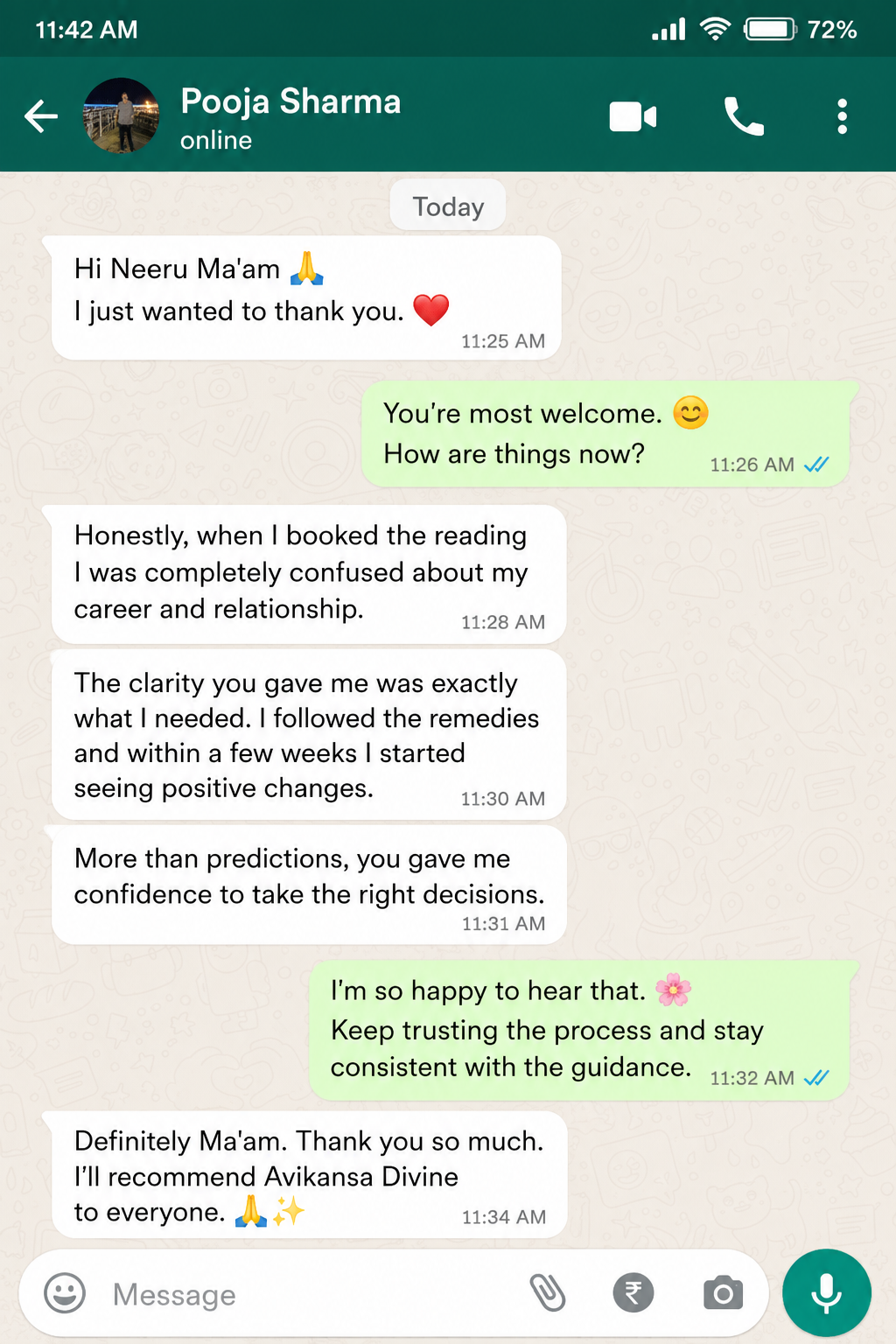 WhatsApp testimonial from Pooja Sharma about clarity in career and relationship decisions