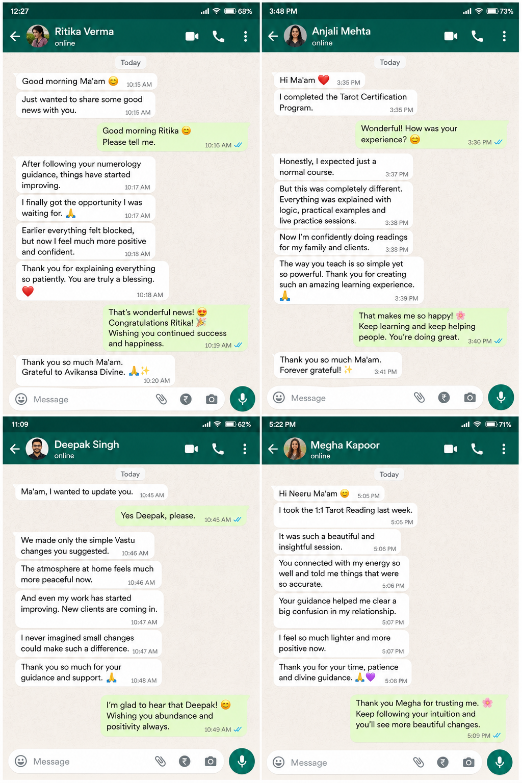 Collection of WhatsApp testimonials from students sharing improvements and gratitude